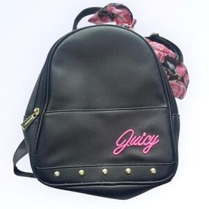 Juicy Couture Black Mini Backpack Pink Embroidered Logo Floral Scarf Gold Studs